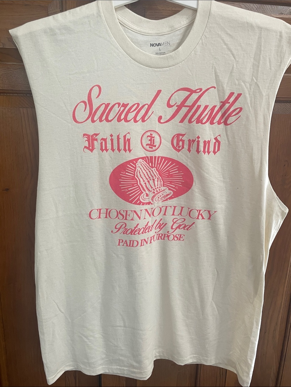 NovaMen Cream Graphic Muscle T - Sacred Hustle Pink Print NWOT Sz. L